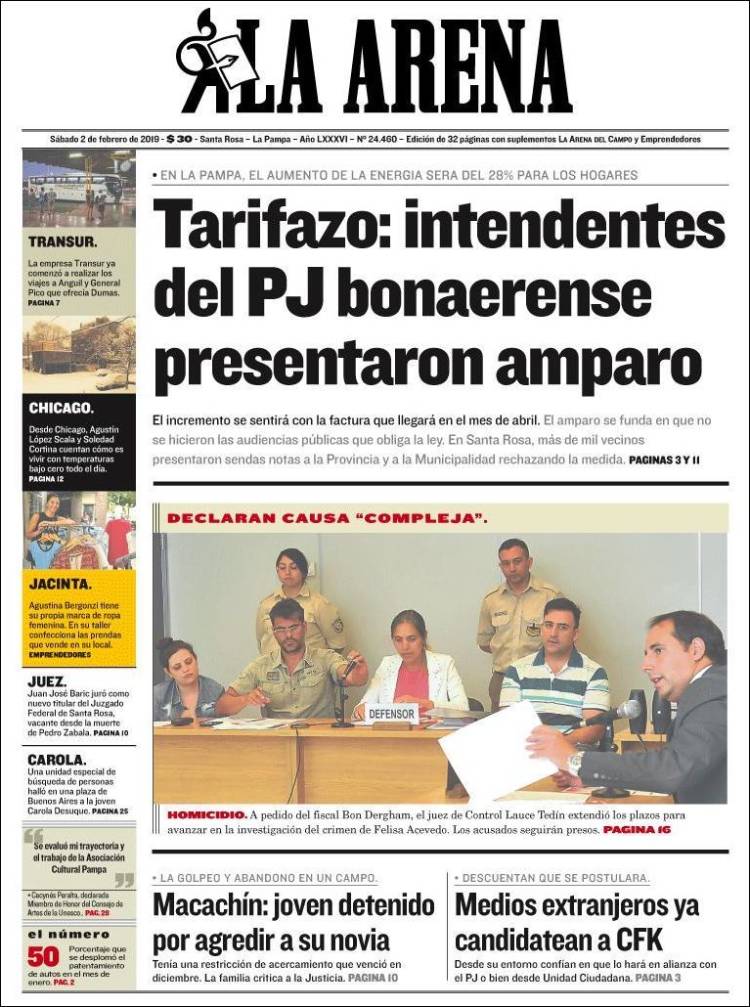 Portada de Diario La Arena (Argentina)