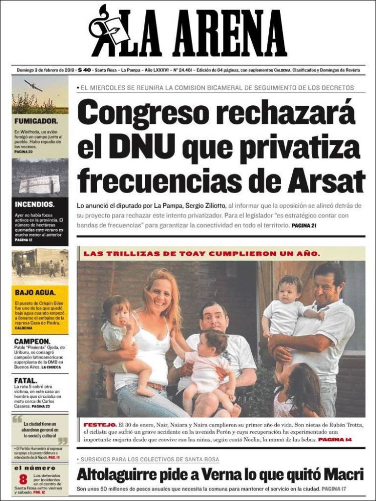 Portada de Diario La Arena (Argentina)