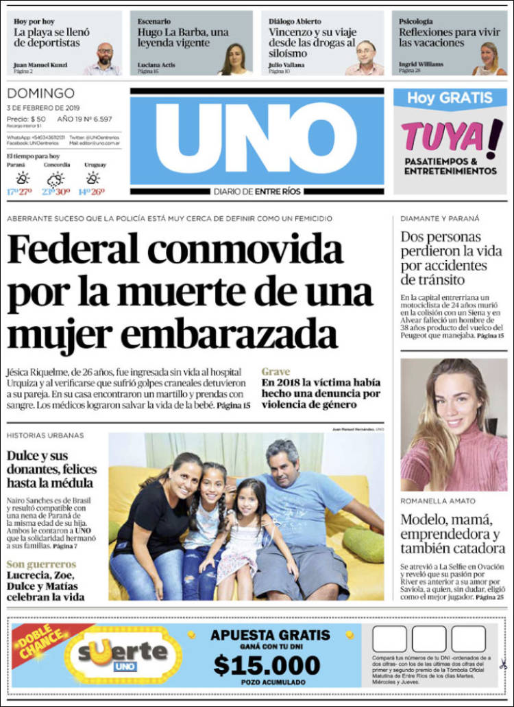 Portada de Diario Uno de Entre Ríos (Argentina)