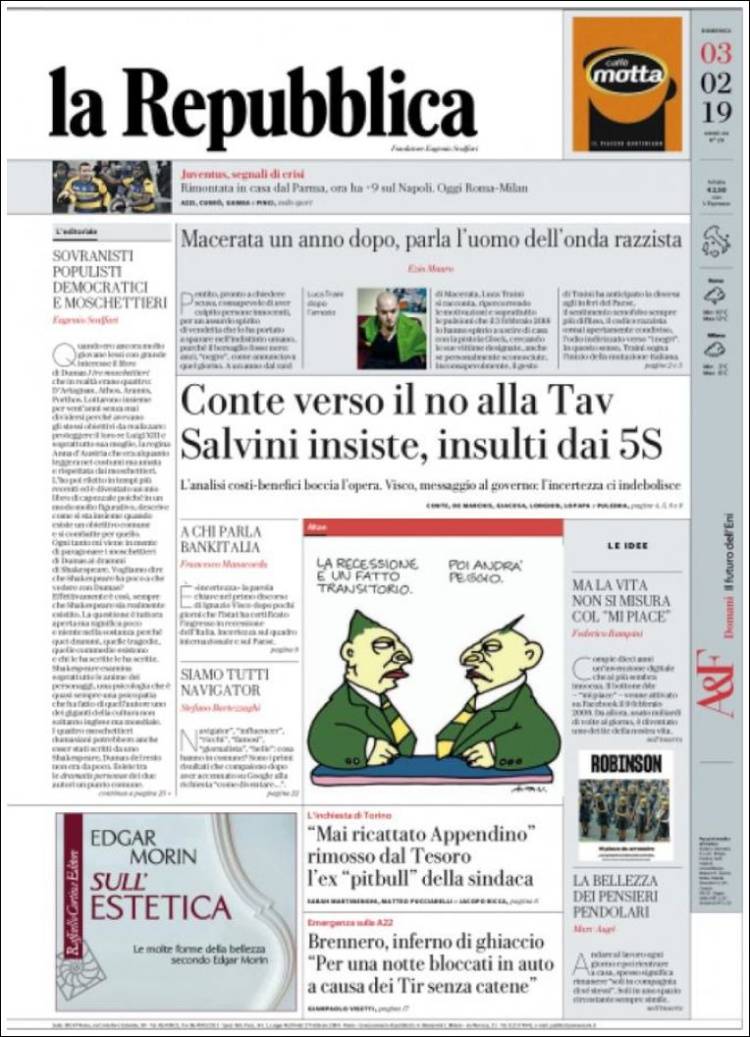 Portada de La Repubblica (Italia)