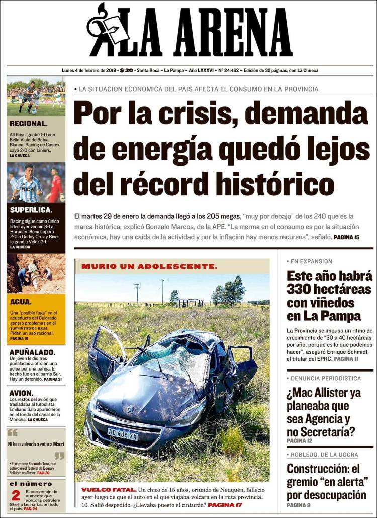 Portada de Diario La Arena (Argentina)