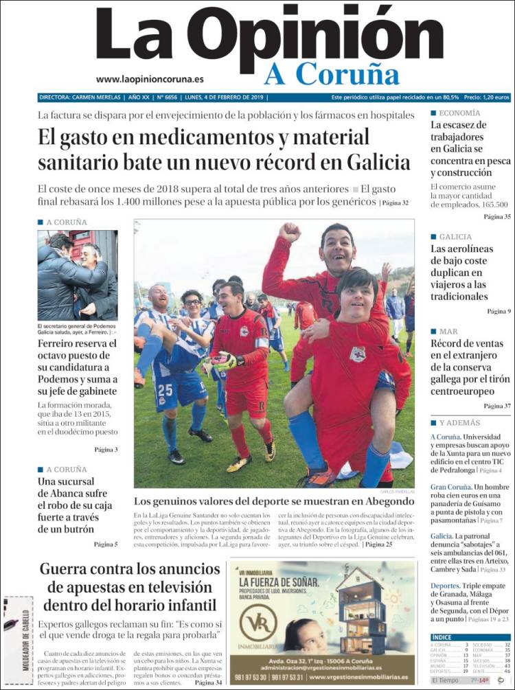 Portada de La Opinión de A Coruña (Espa&ntilde;a)