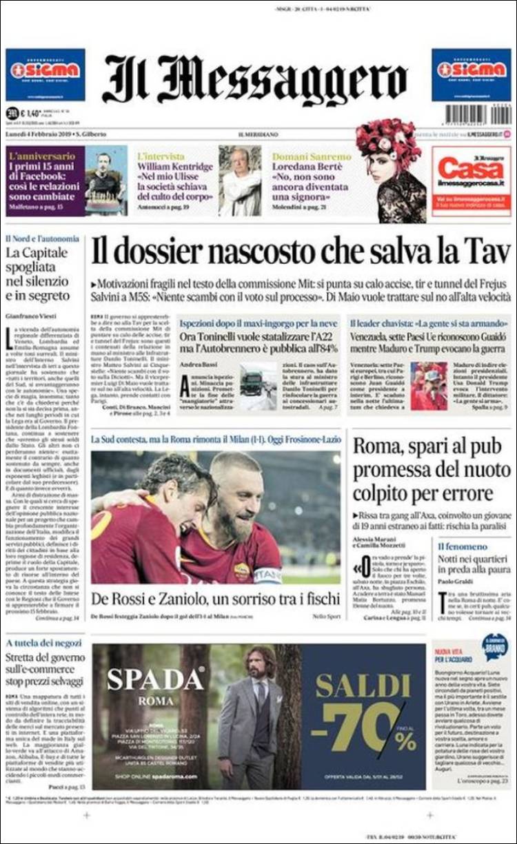 Portada de Il Messaggero (Italia)