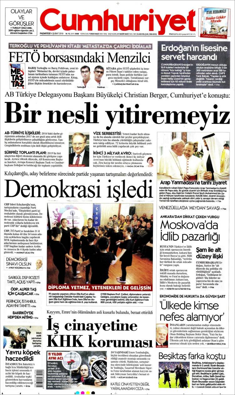 Portada de Cumhuriyet (Turqu&iacute;a)