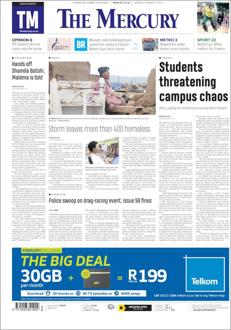 Portada de The Mercury (Sud&aacute;frica)