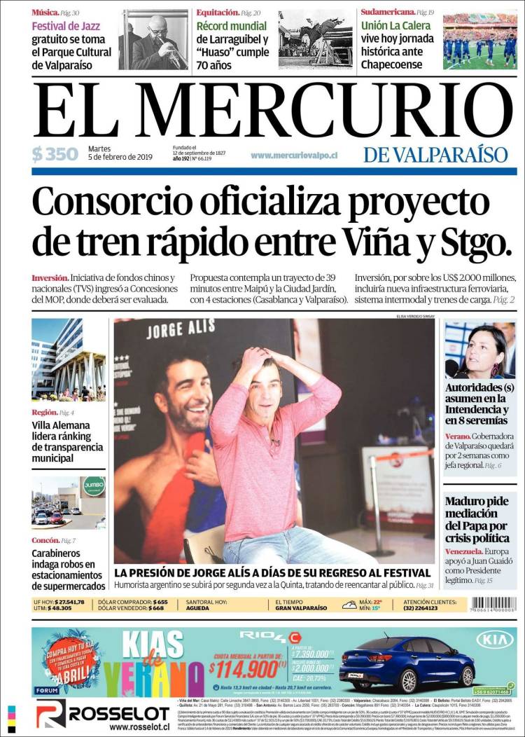 Portada de Mercurio de Valparaiso (Chile)