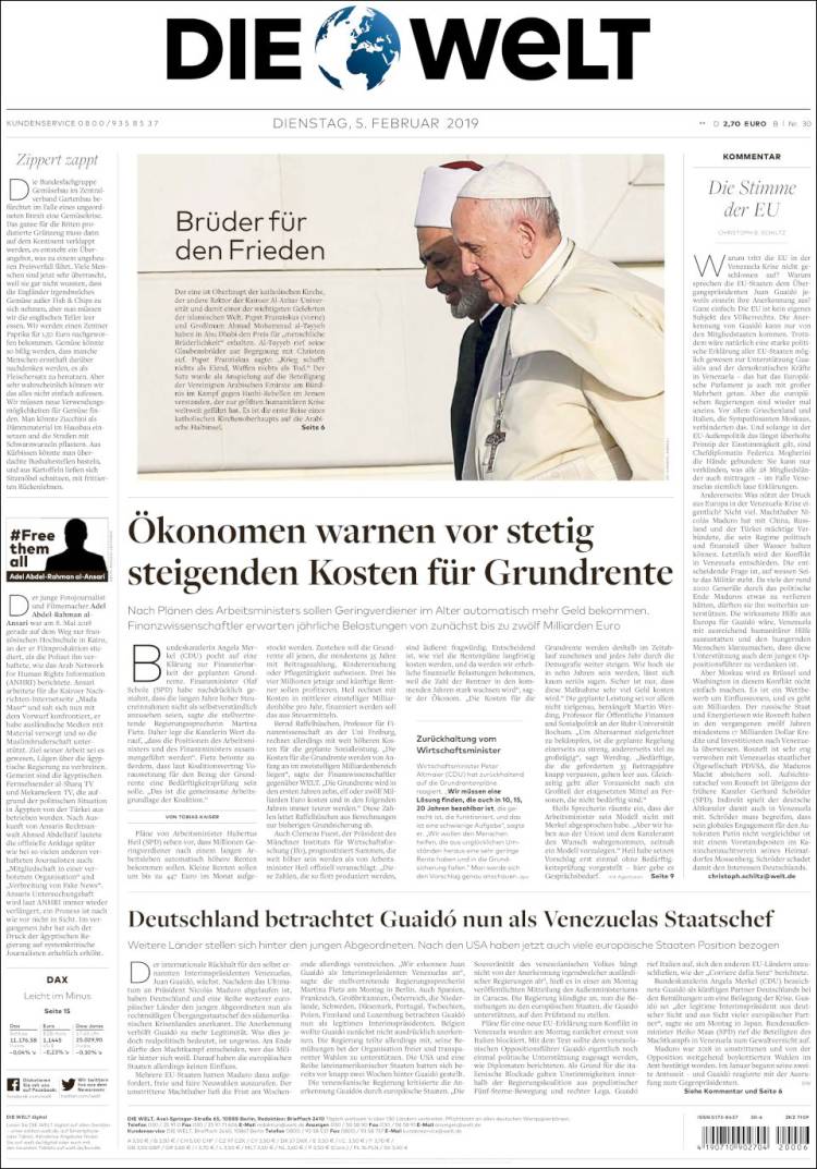 Portada de Die Welt (Alemania)