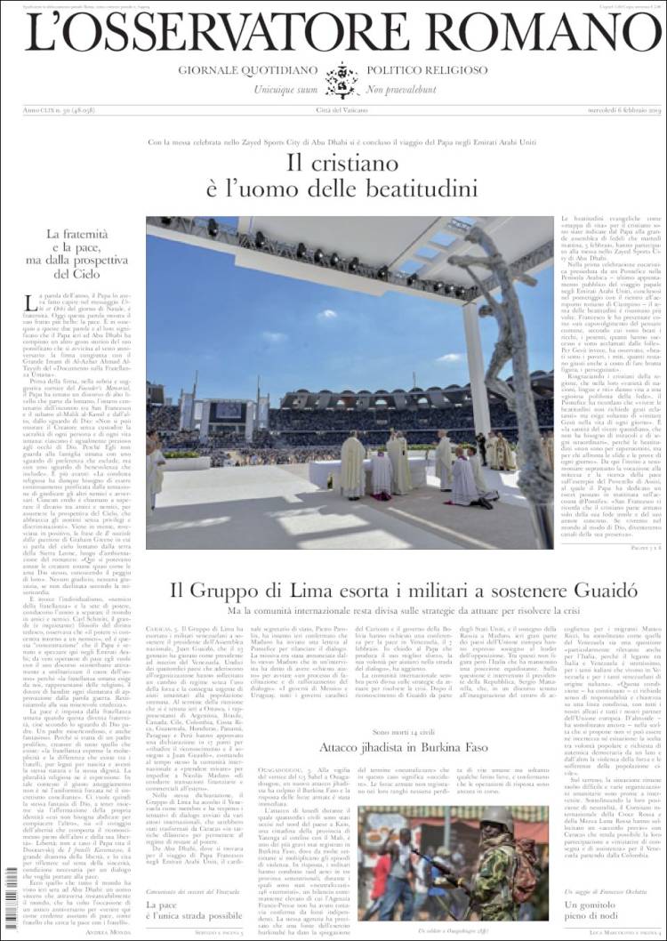 Portada de L'Osservatore Romano (Italia)