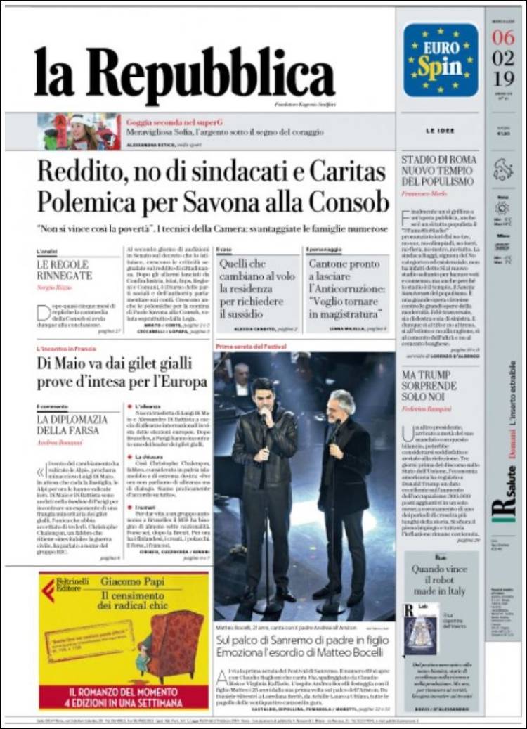 Portada de La Repubblica (Italia)