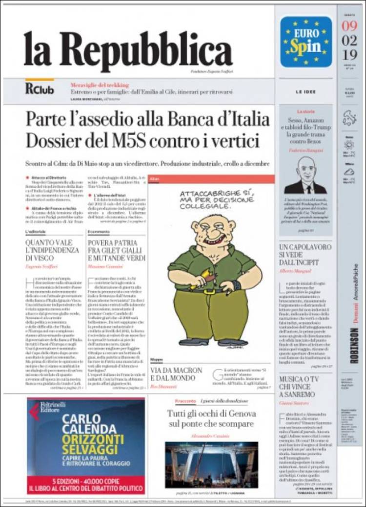 Portada de La Repubblica (Italia)