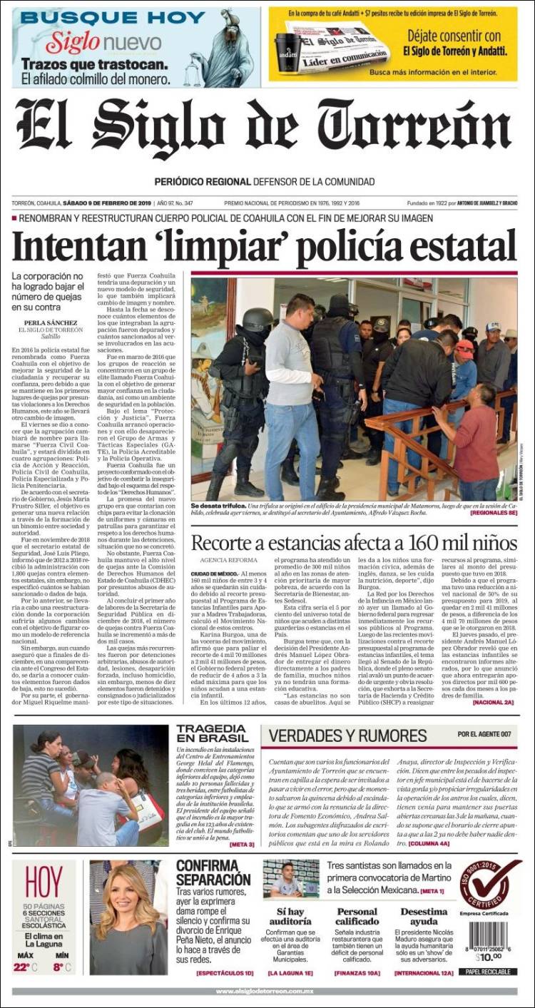 Portada de El Siglo de Torreon (M&eacute;xico)