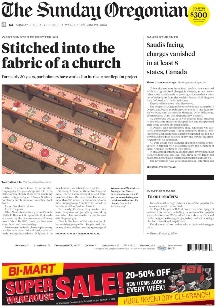 Portada de The Oregonian (USA)