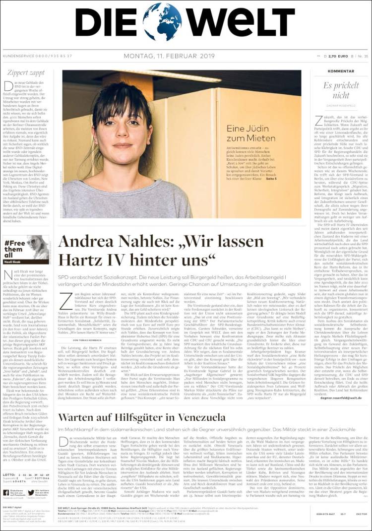 Portada de Die Welt (Alemania)