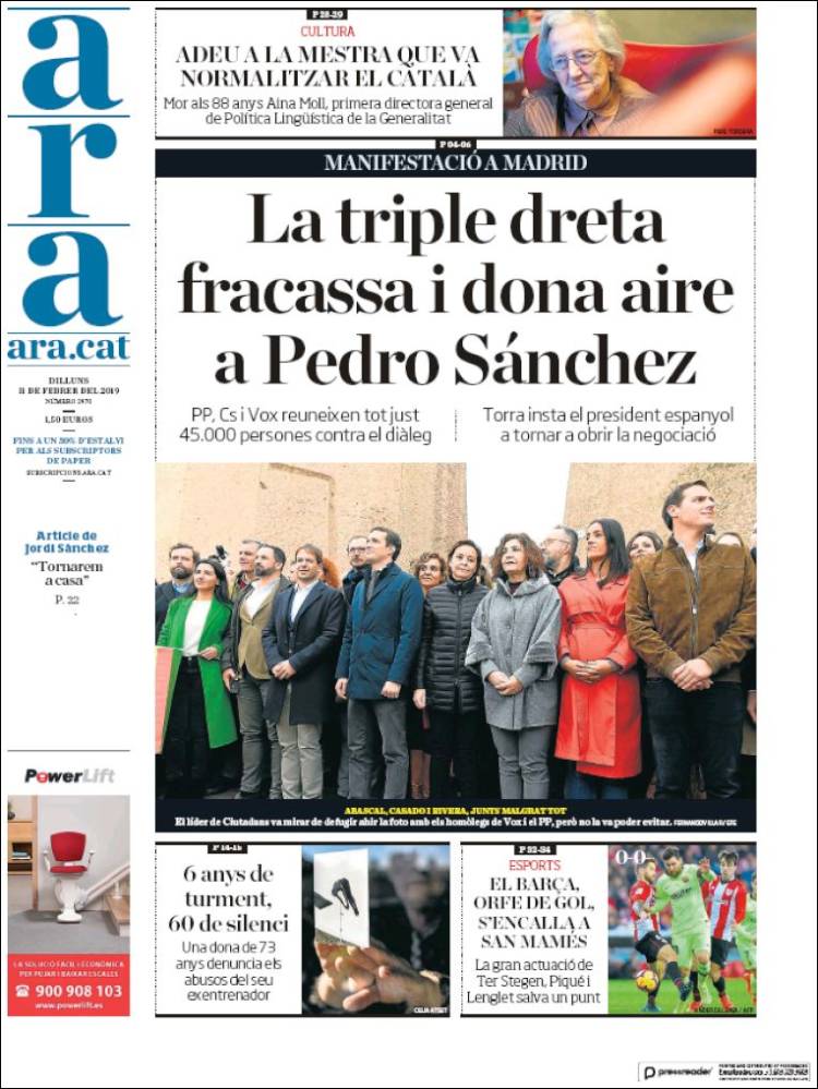 Newspaper Ara (Spain). Newspapers in Spain. Monday's 11 of 2019. Kiosko.net
