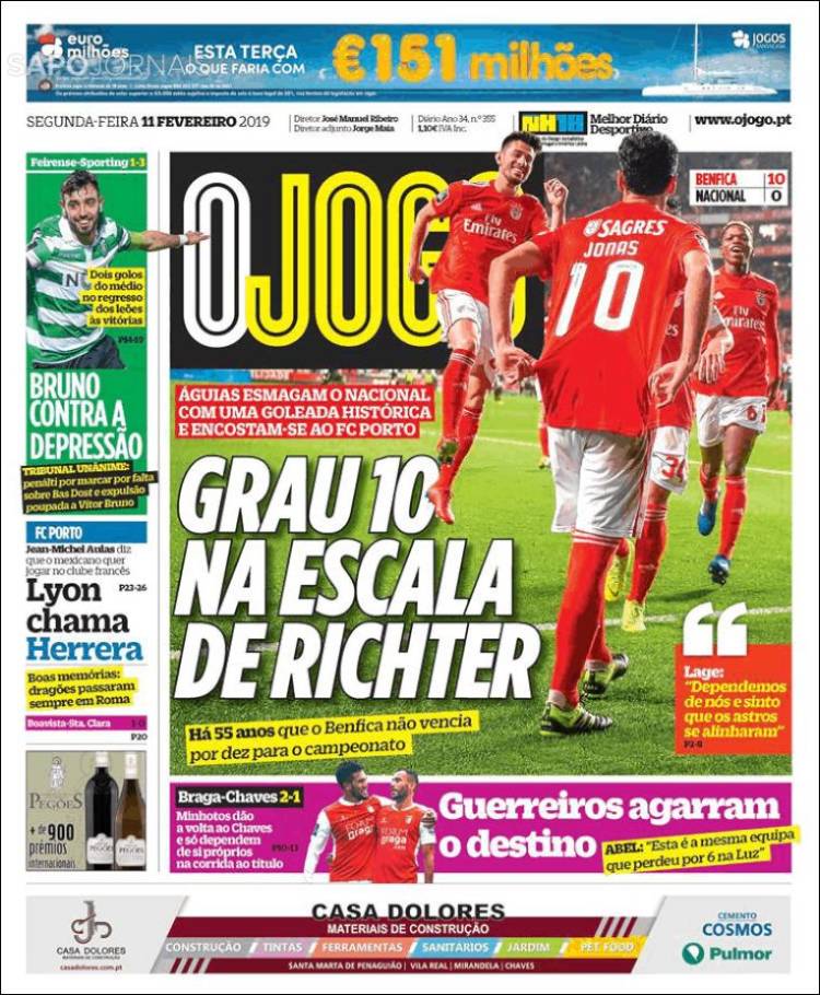 Portada de O Jogo (Portugal)