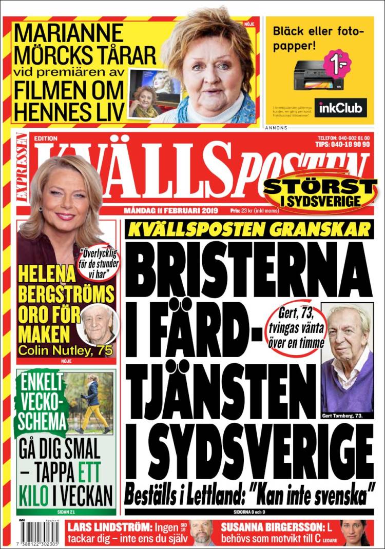 Portada de Kvällsposten (Suecia)
