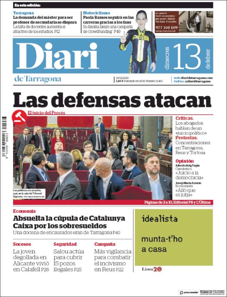 Portada de Diari de Tarragona (España)