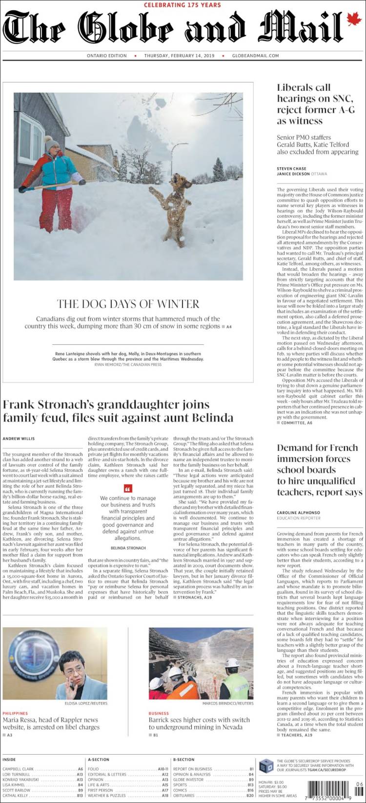 Portada de The Globe and Mail (Canadá)