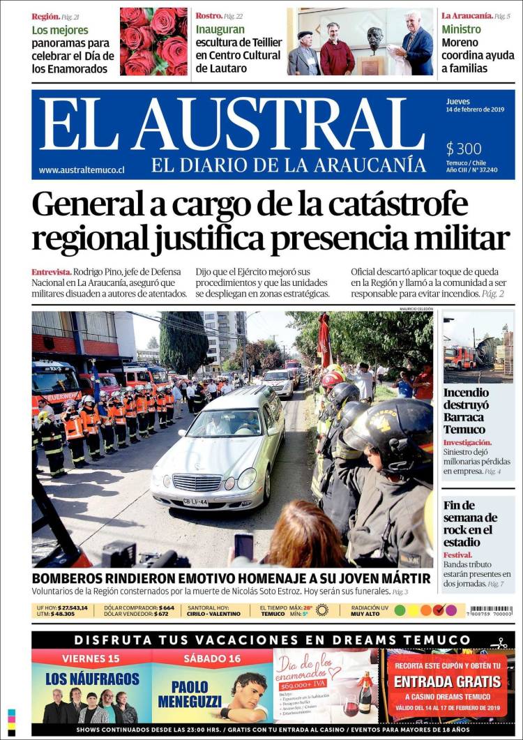 Portada de El Austral de Temuco (Chile)