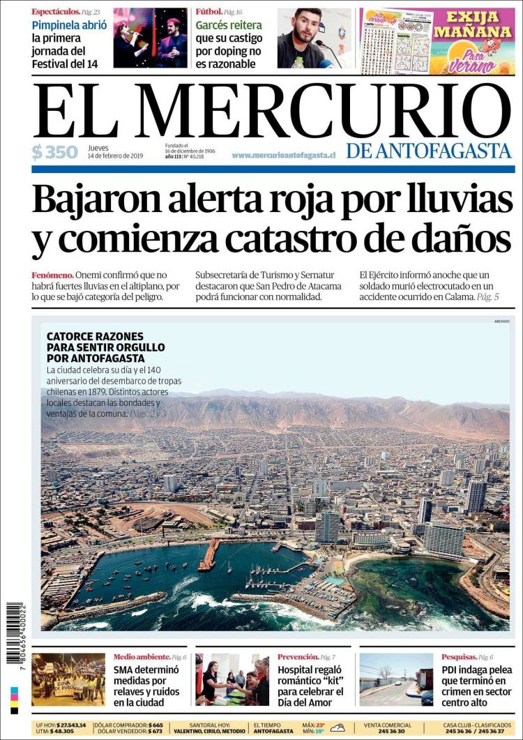 Portada de El Mercurio de Antofagasta (Chile)