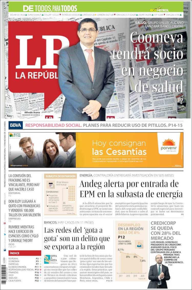 Portada de La Republica (Colombia)