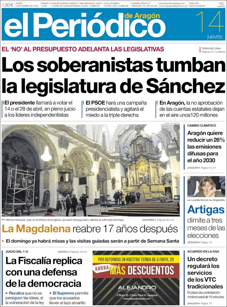 Portada de El Periódico de Aragón (España)