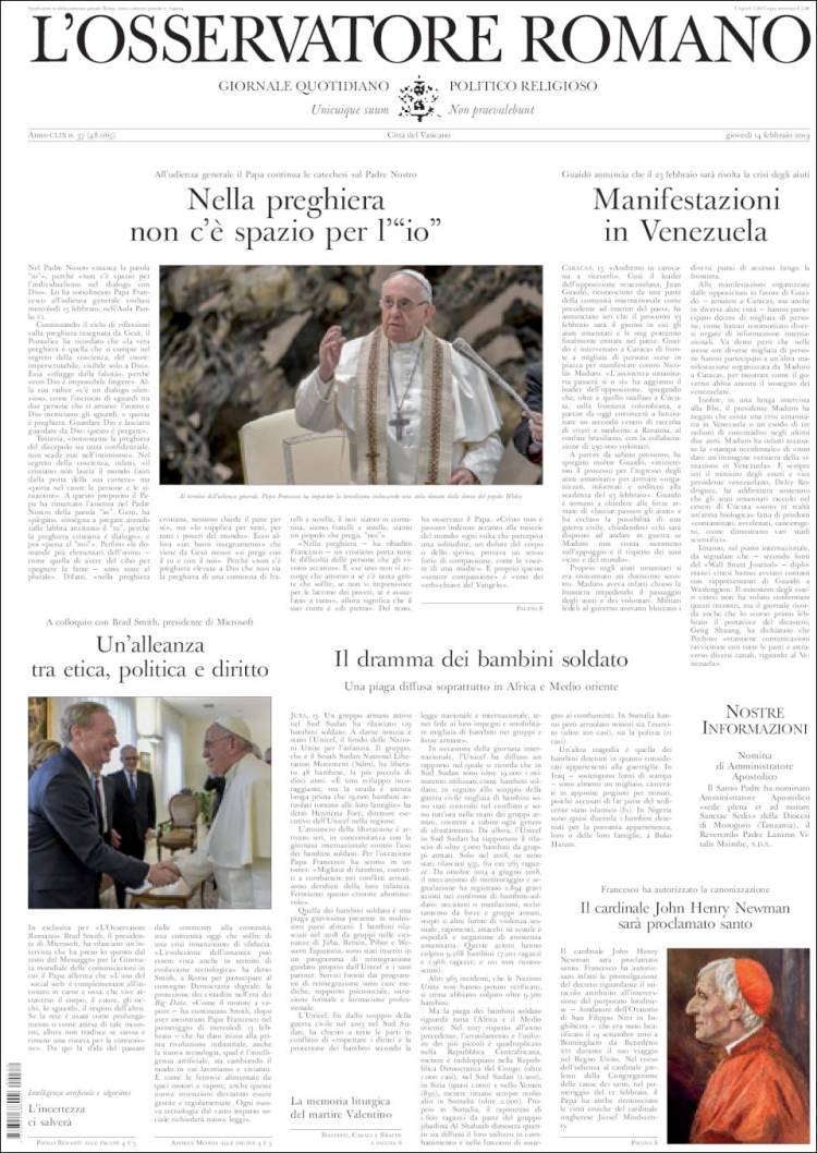 Portada de L'Osservatore Romano (Italia)