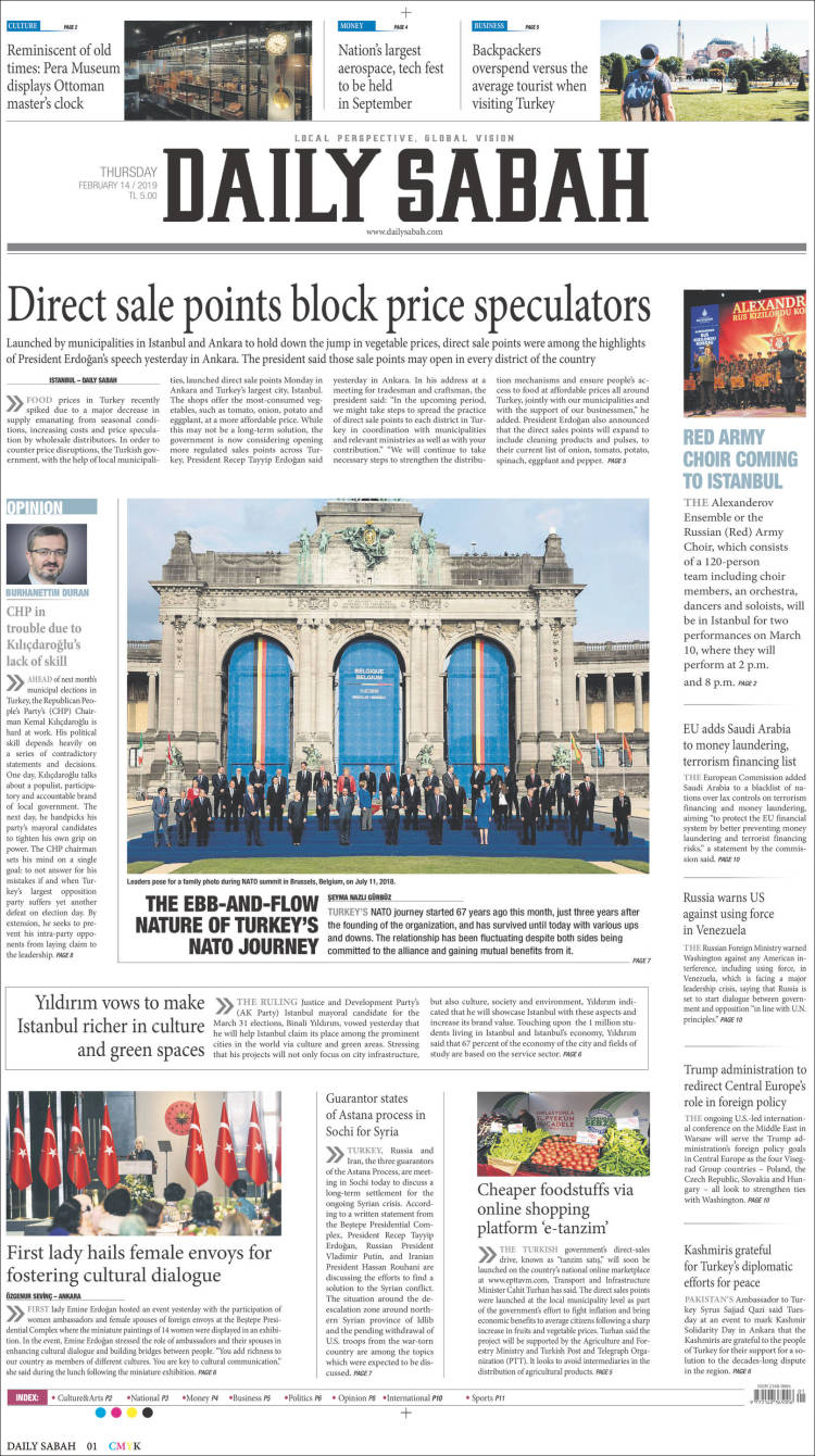 Portada de Daily Sabah (Turqu&iacute;a)