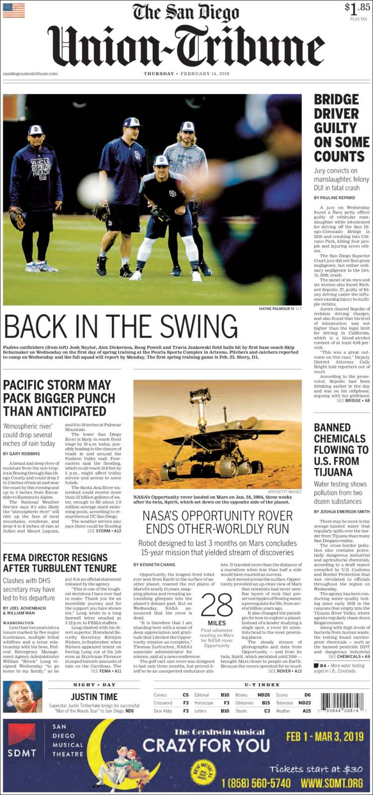 Portada de The San Diego Union-Tribune (USA)