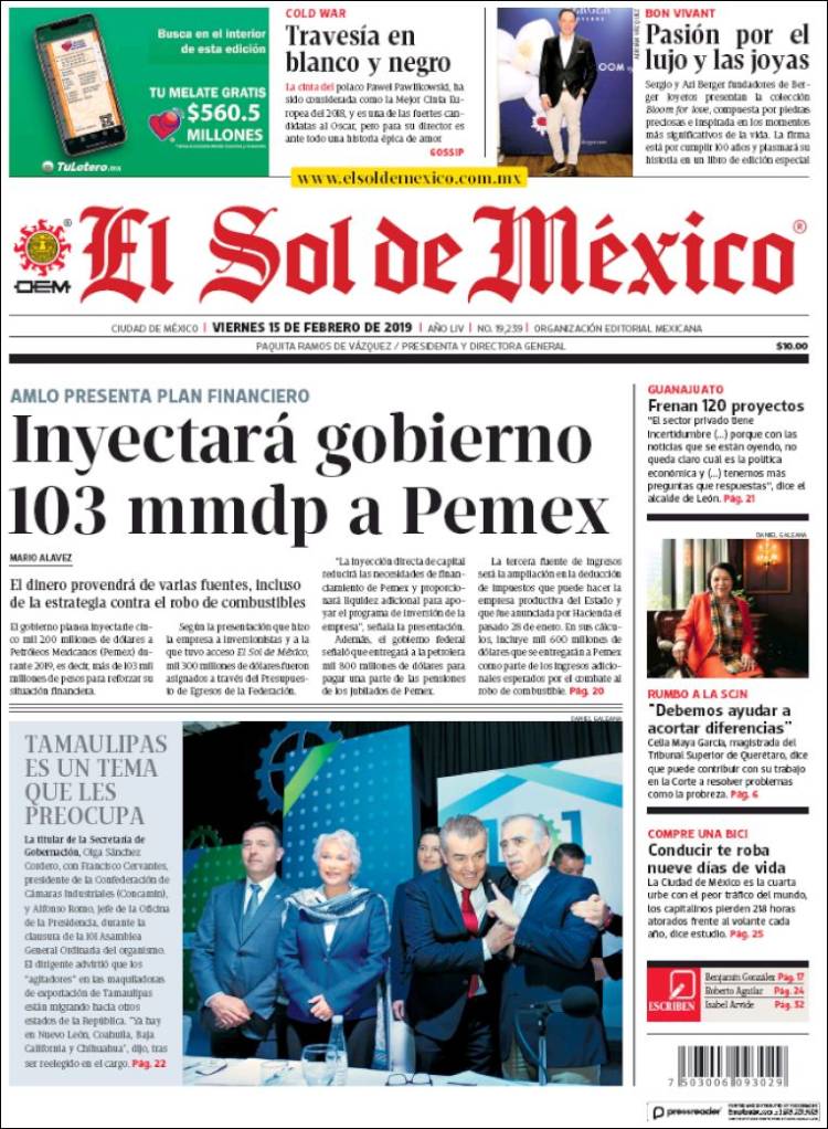 Portada de El Sol de México (México)