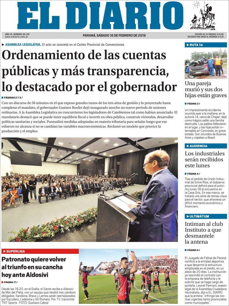Portada de El Diario de Paraná (Argentina)