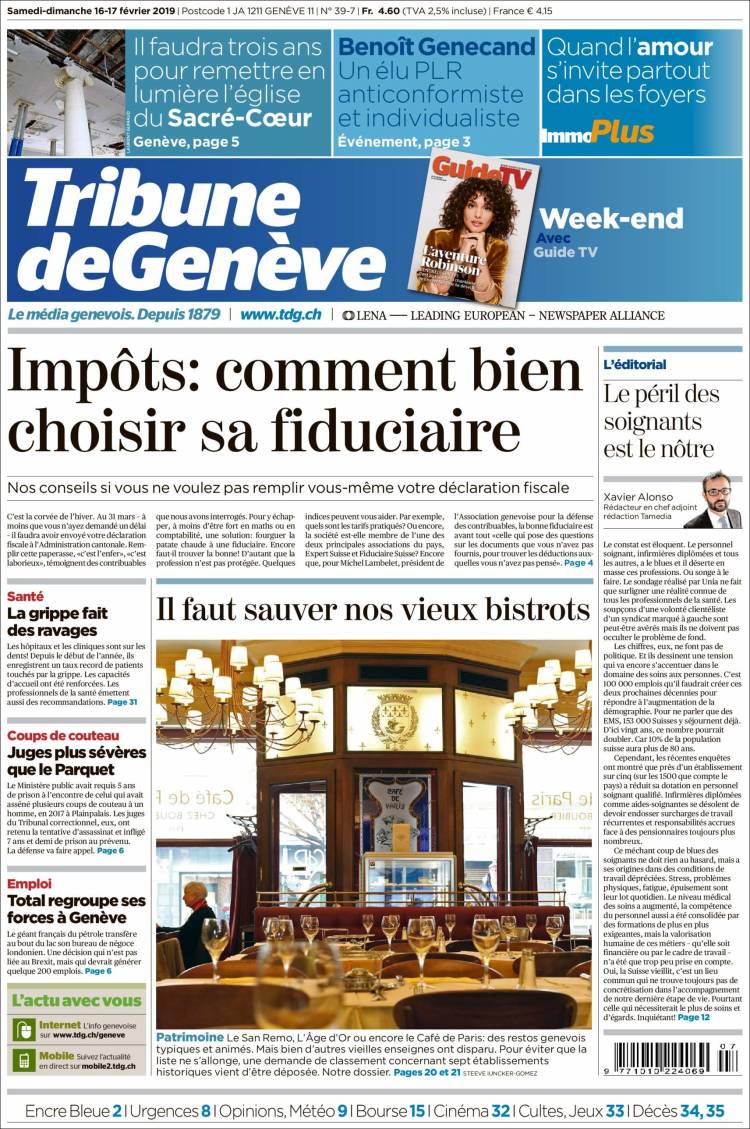 Portada de La Tribune de Genève (Suiza)