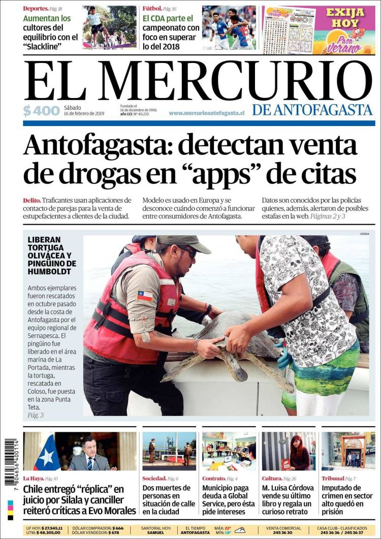Portada de El Mercurio de Antofagasta (Chile)
