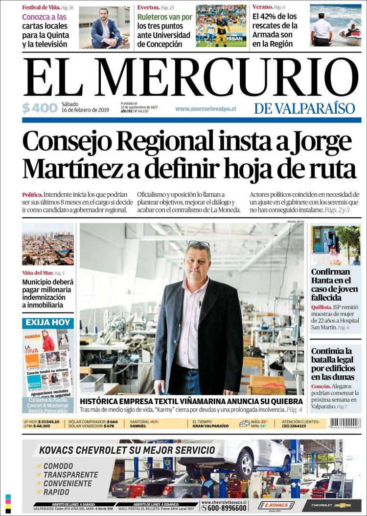 Portada de Mercurio de Valparaiso (Chile)