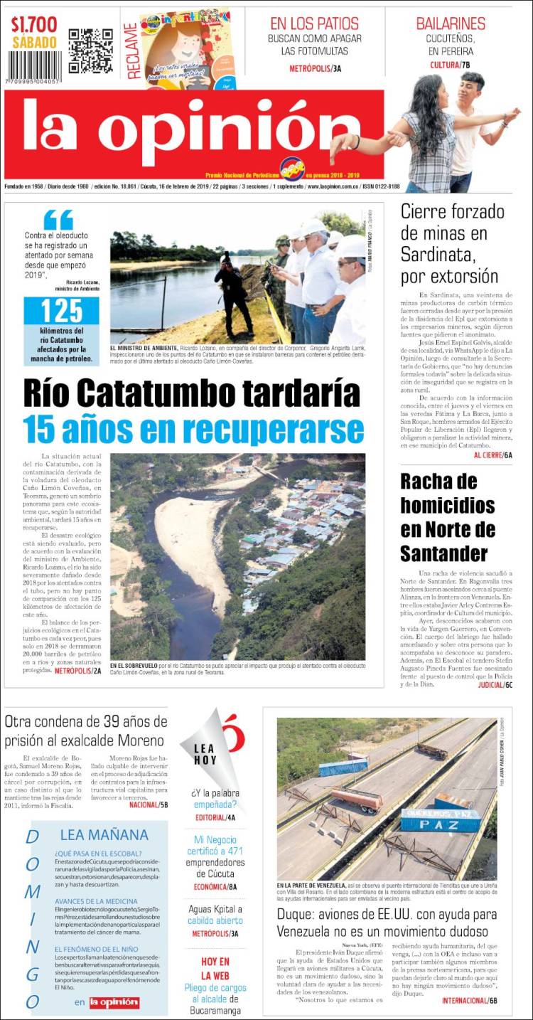 Portada de Diario La Opinion (Colombia)