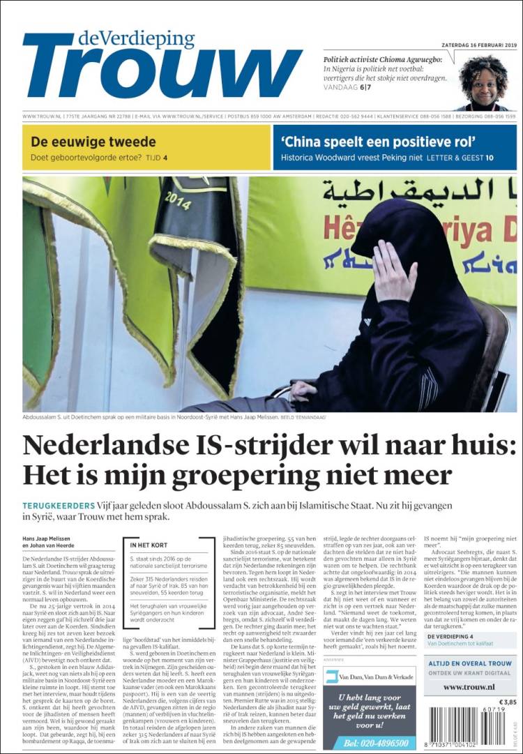 Portada de Trouw (Pa&iacute;ses Bajos)