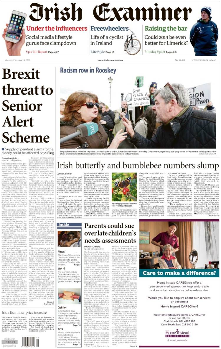 Portada de Irish Examiner (Irlanda)