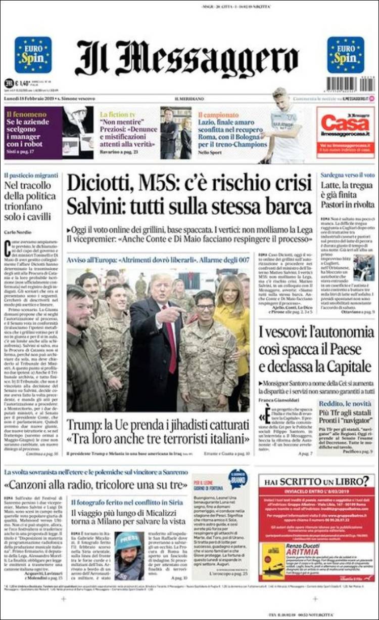 Portada de Il Messaggero (Italia)