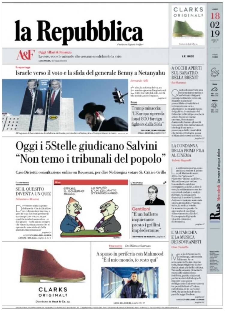 Portada de La Repubblica (Italia)