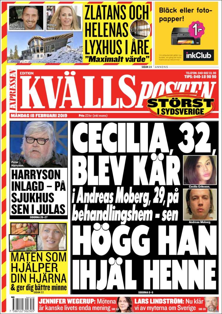 Portada de Kvällsposten (Suecia)