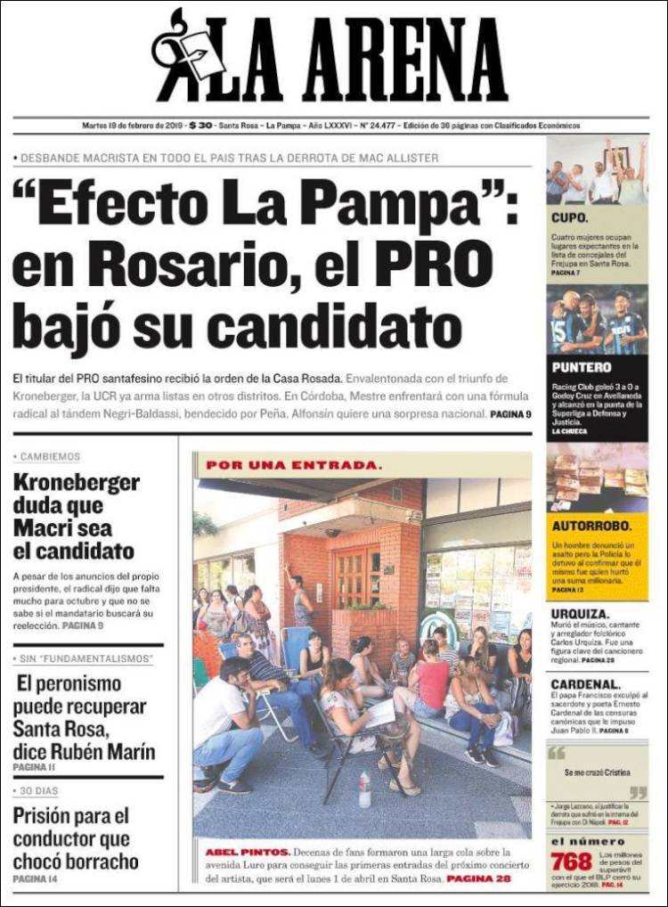 Portada de Diario La Arena (Argentina)