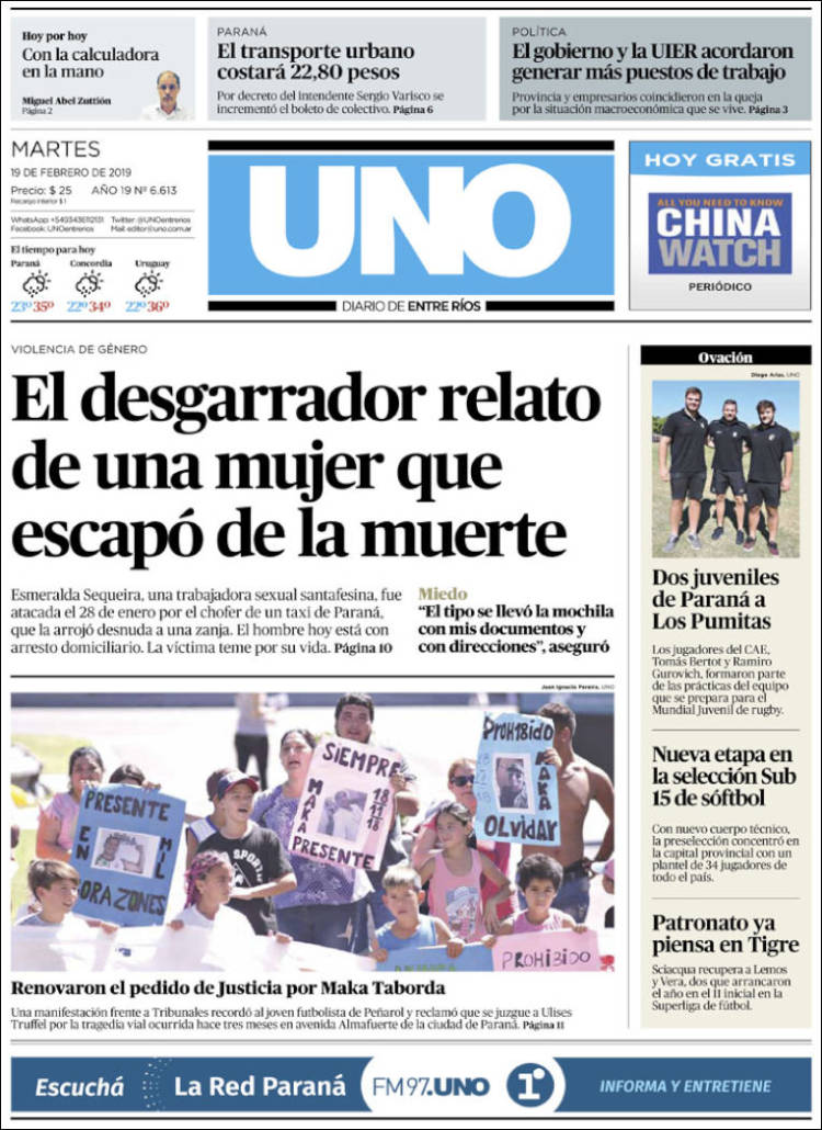 Portada de Diario Uno de Entre Ríos (Argentina)