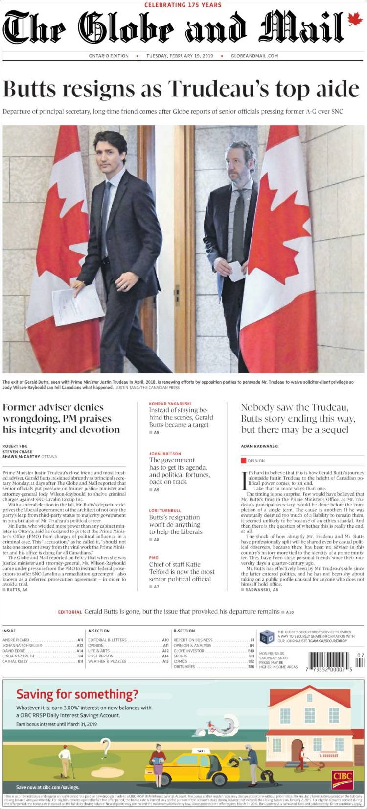 Portada de The Globe and Mail (Canadá)