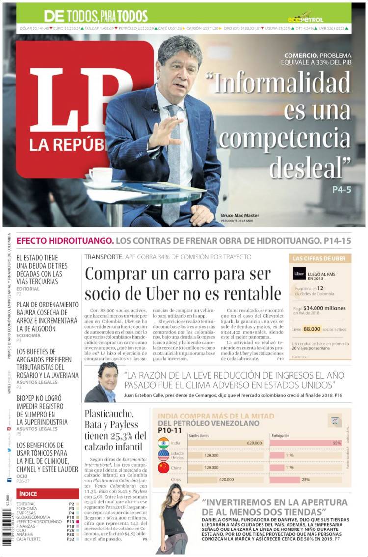 Portada de La Republica (Colombia)