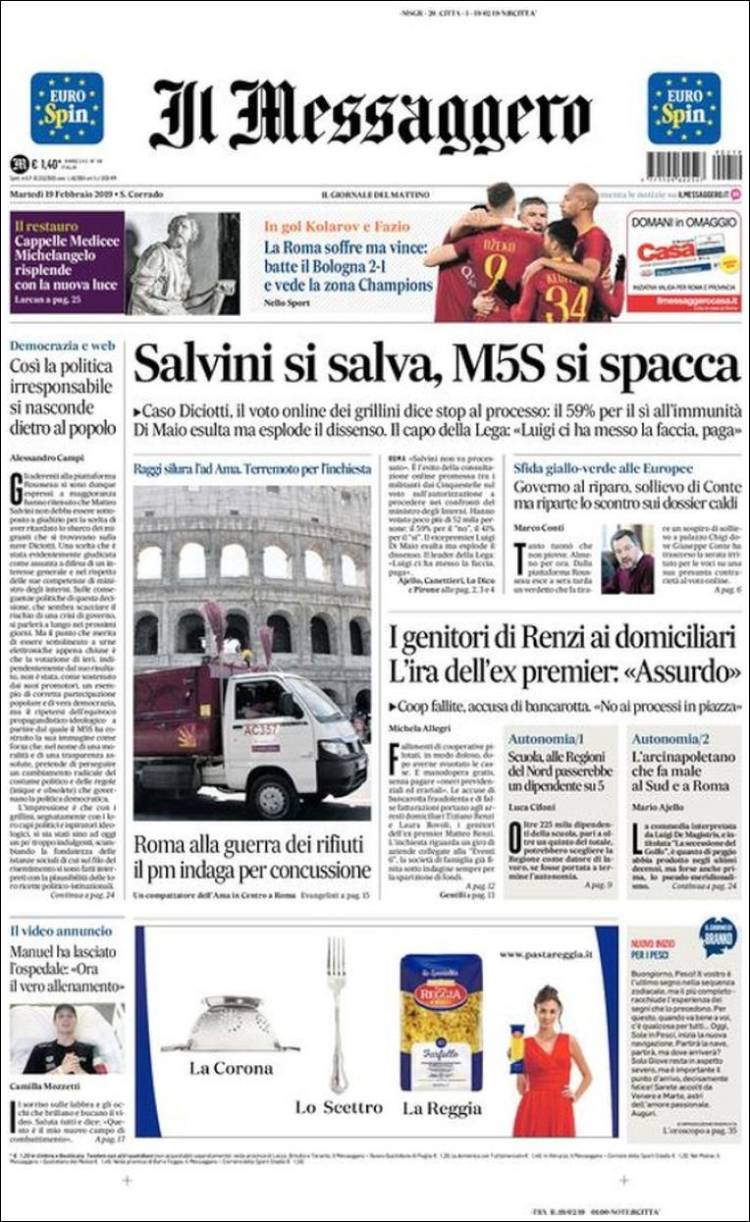 Portada de Il Messaggero (Italia)