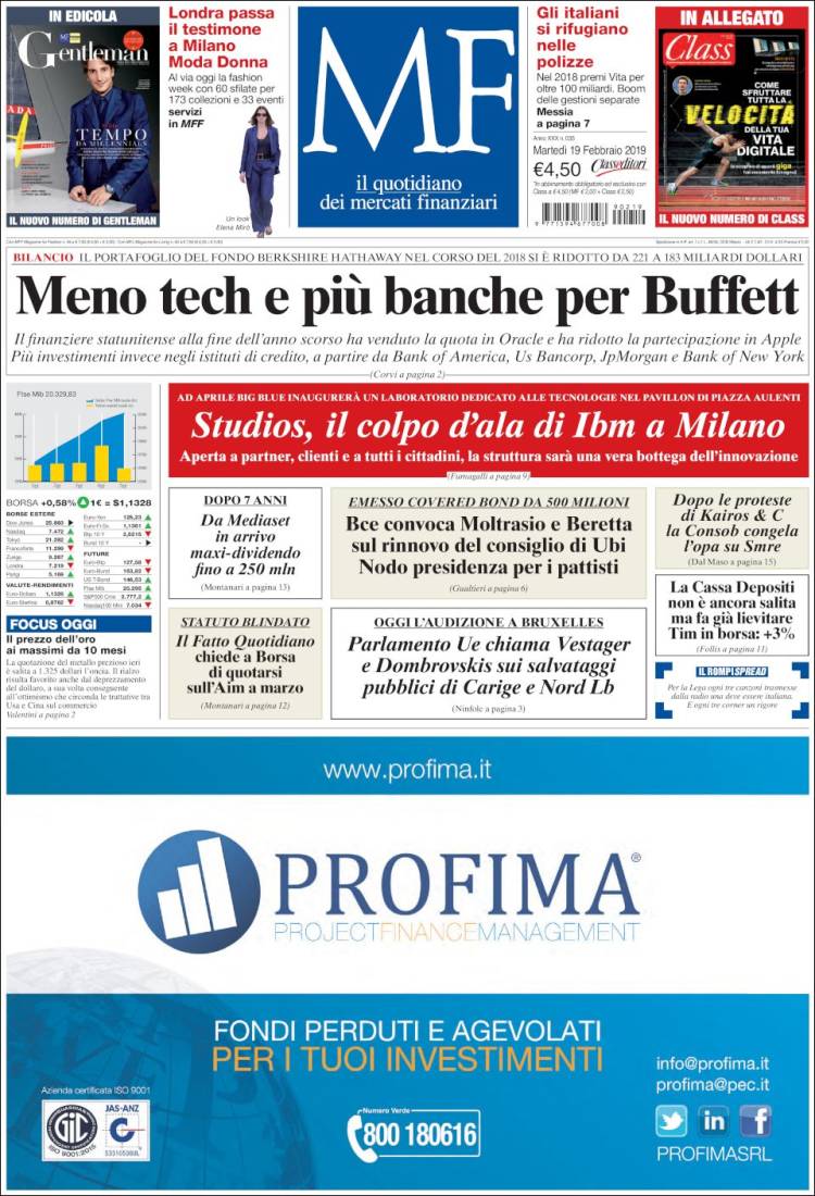 Portada de Milano Finanza (Italia)