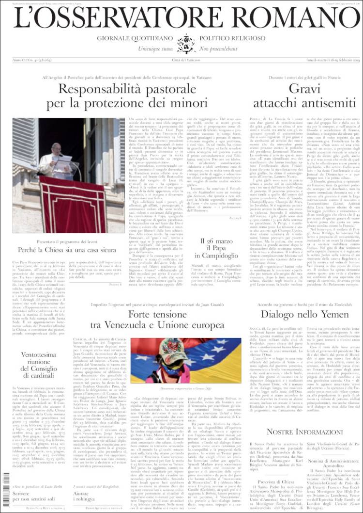Portada de L'Osservatore Romano (Italia)
