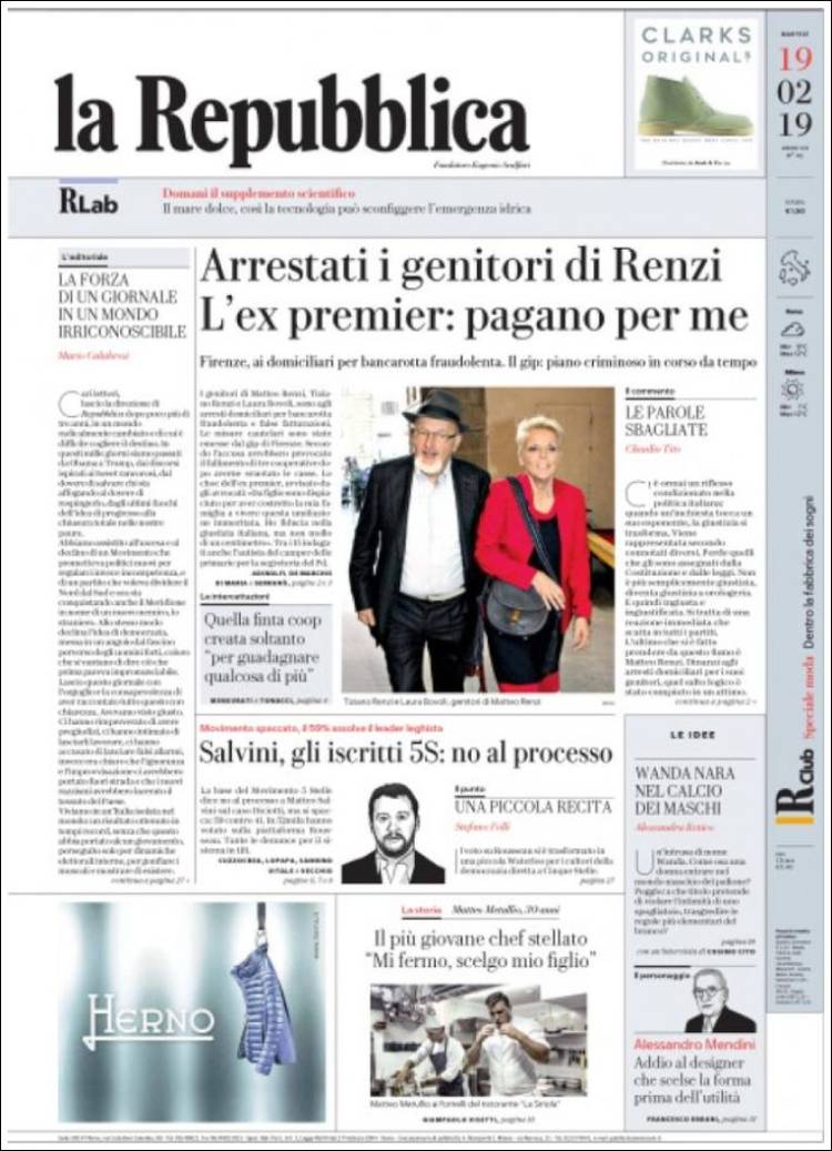 Portada de La Repubblica (Italia)