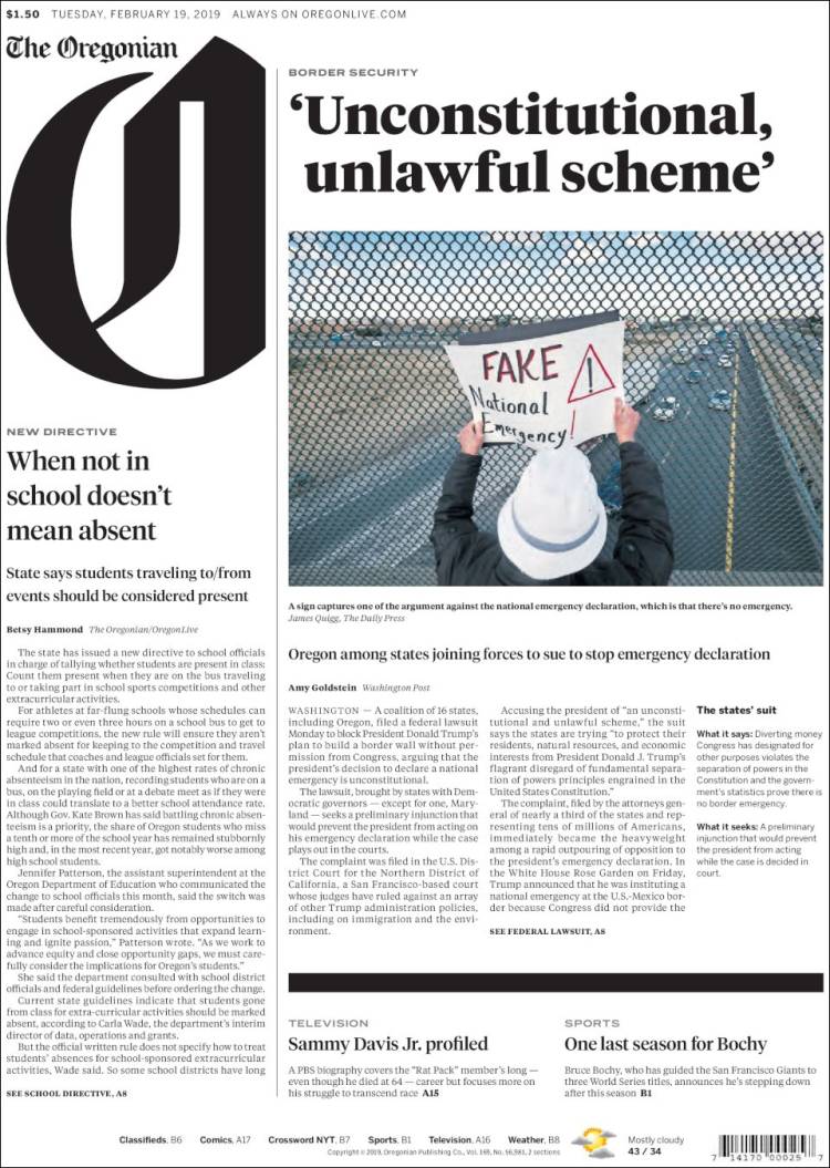 Portada de The Oregonian (USA)