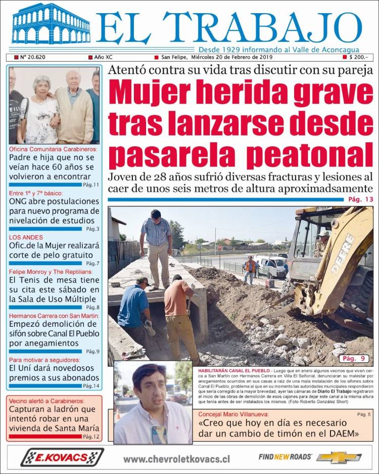 Portada de El Trabajo (Chile)